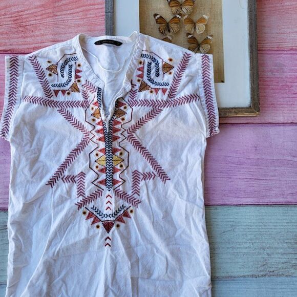Zara Basic White Embroidered Boho V-Neck Tunic Mini Dress Size Large - Picture 3 of 5